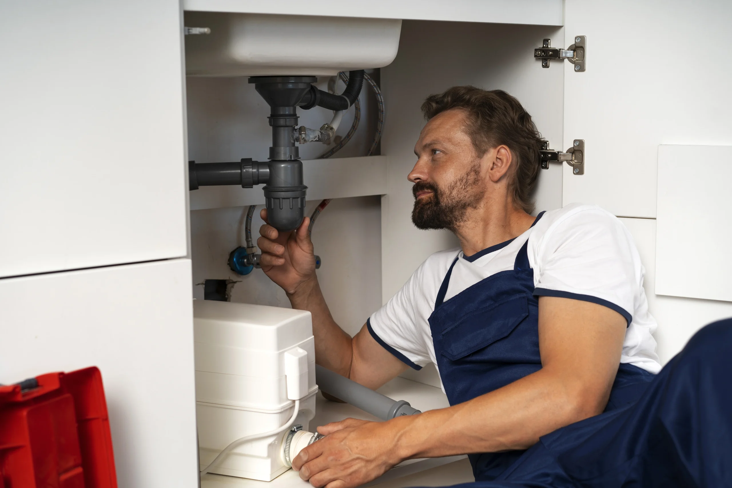 Heating and plumbing engineer working on pipework during a boiler-related job